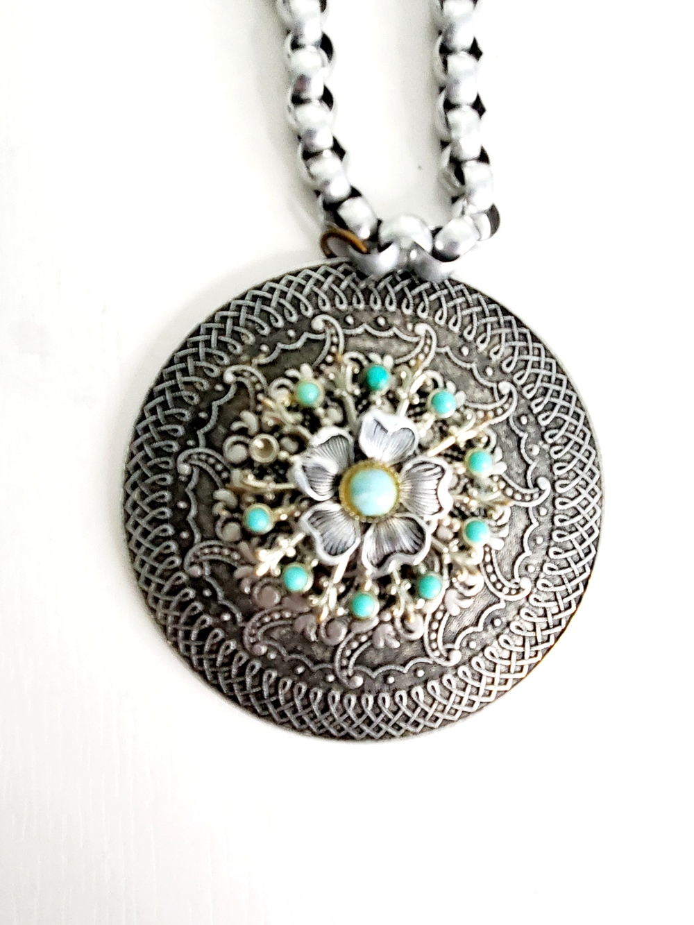 Silver-Tone Floral Medallion Necklace with Turquoise Accents - Unbranded